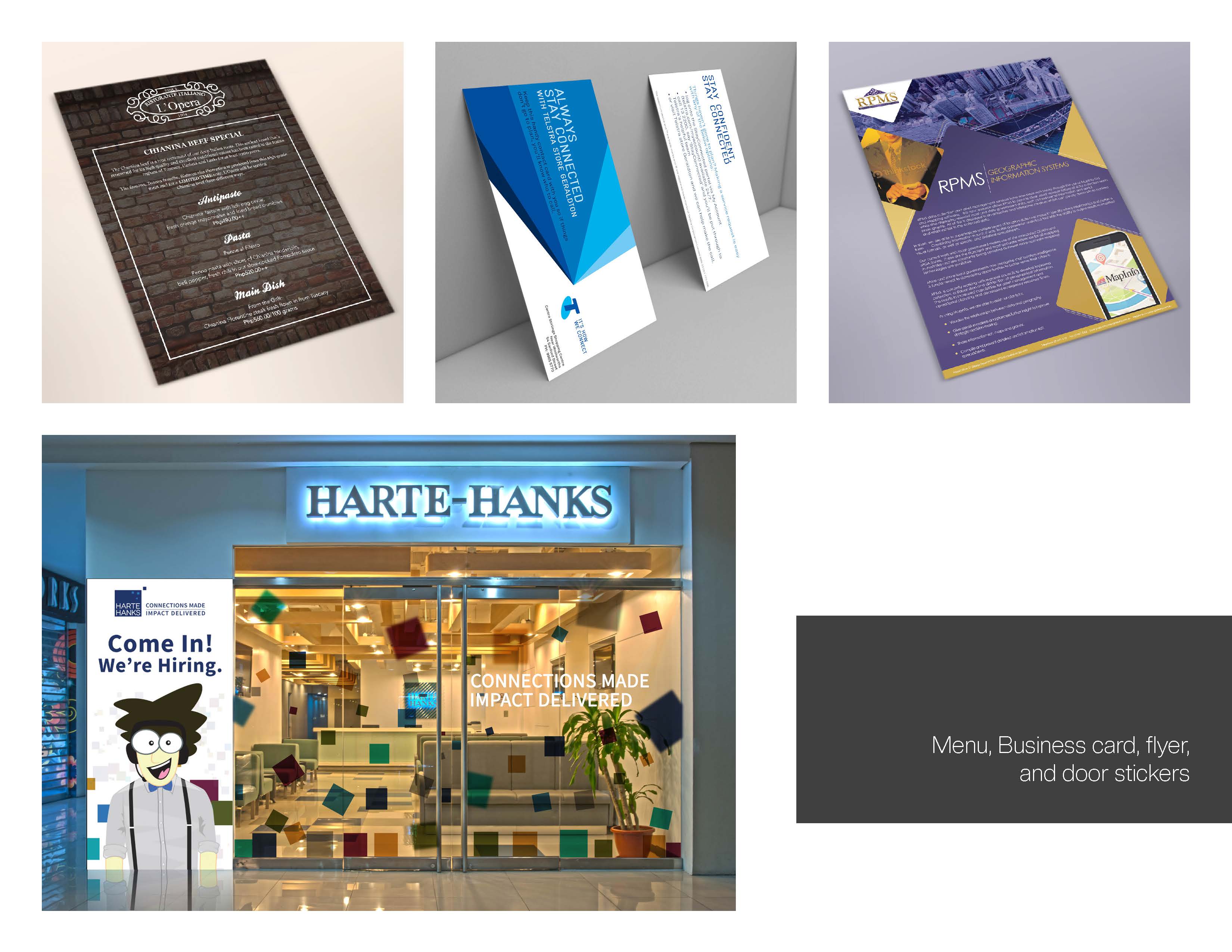 Print collateral: L'Opera restaurant menu, business cards, RPMS brochure, and Harte-Hanks door signage.