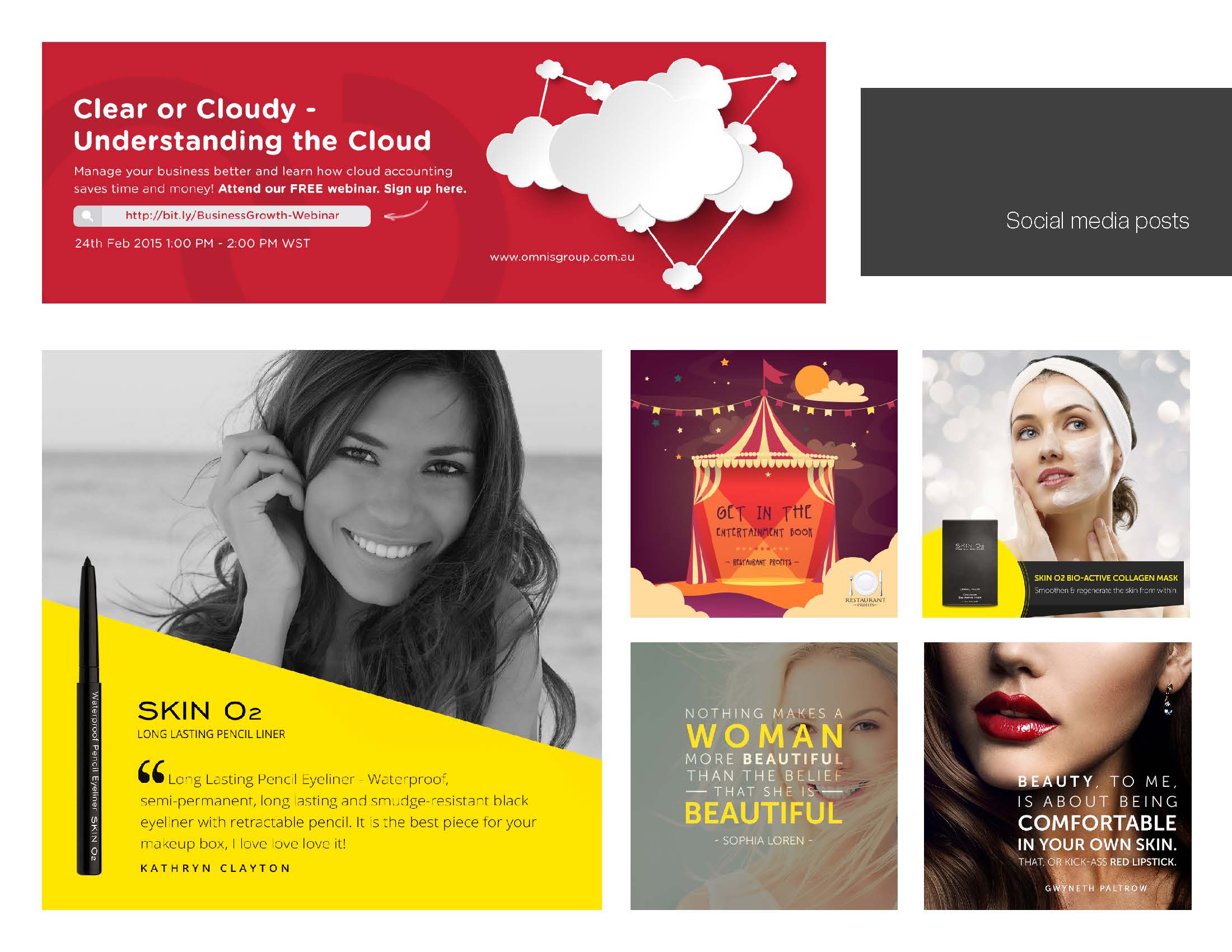 Social media and digital marketing assets across clients — Omnis Group cloud webinar, Skin O2 beauty campaigns, and more.