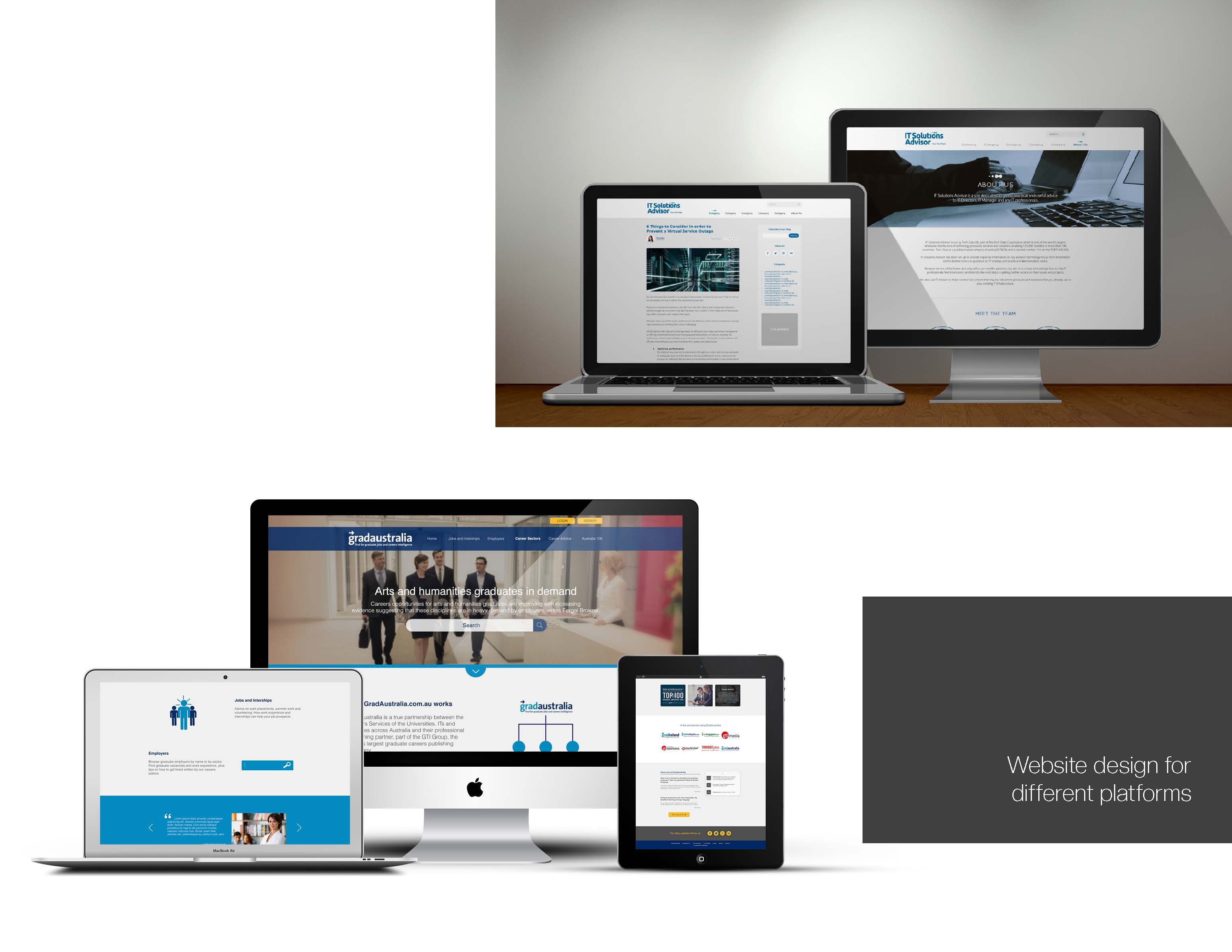 Website design for IT Solutions Advisor and GradAustralia — responsive layouts shown across desktop, laptop, and tablet.